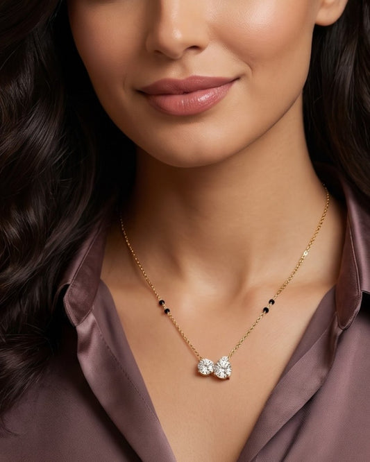 Solveya Drop Duo Mangalsutra styled shot showing the full chain length