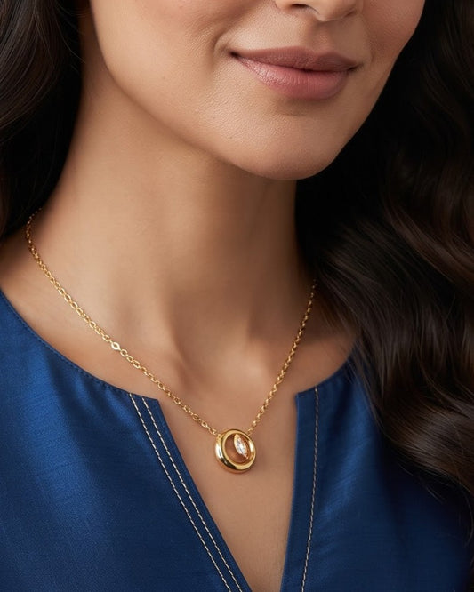 Solenya Oval Halo Pendant Necklace - Worn shot