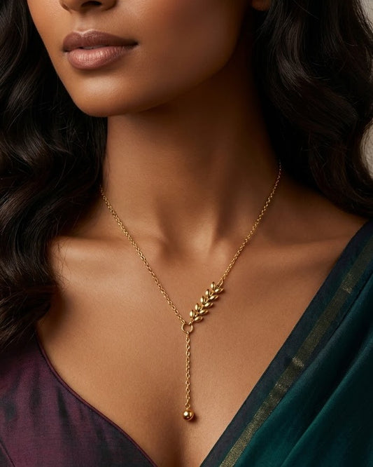 Solenta Wheat Spike Lariat Necklace — worn on model