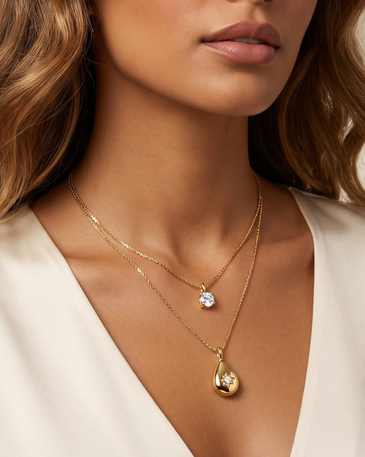 Solvyra Layered Teardrop Pendant Necklace - Worn shot