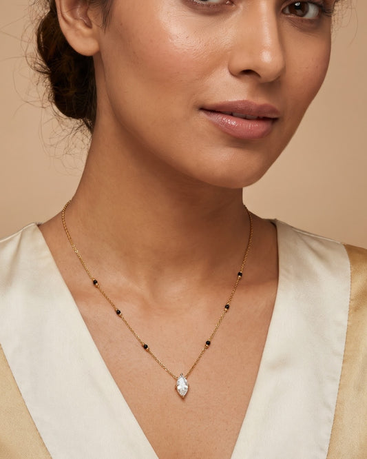 Solvena Marquise Solitaire Mangalsutra styled shot showing the full chain length