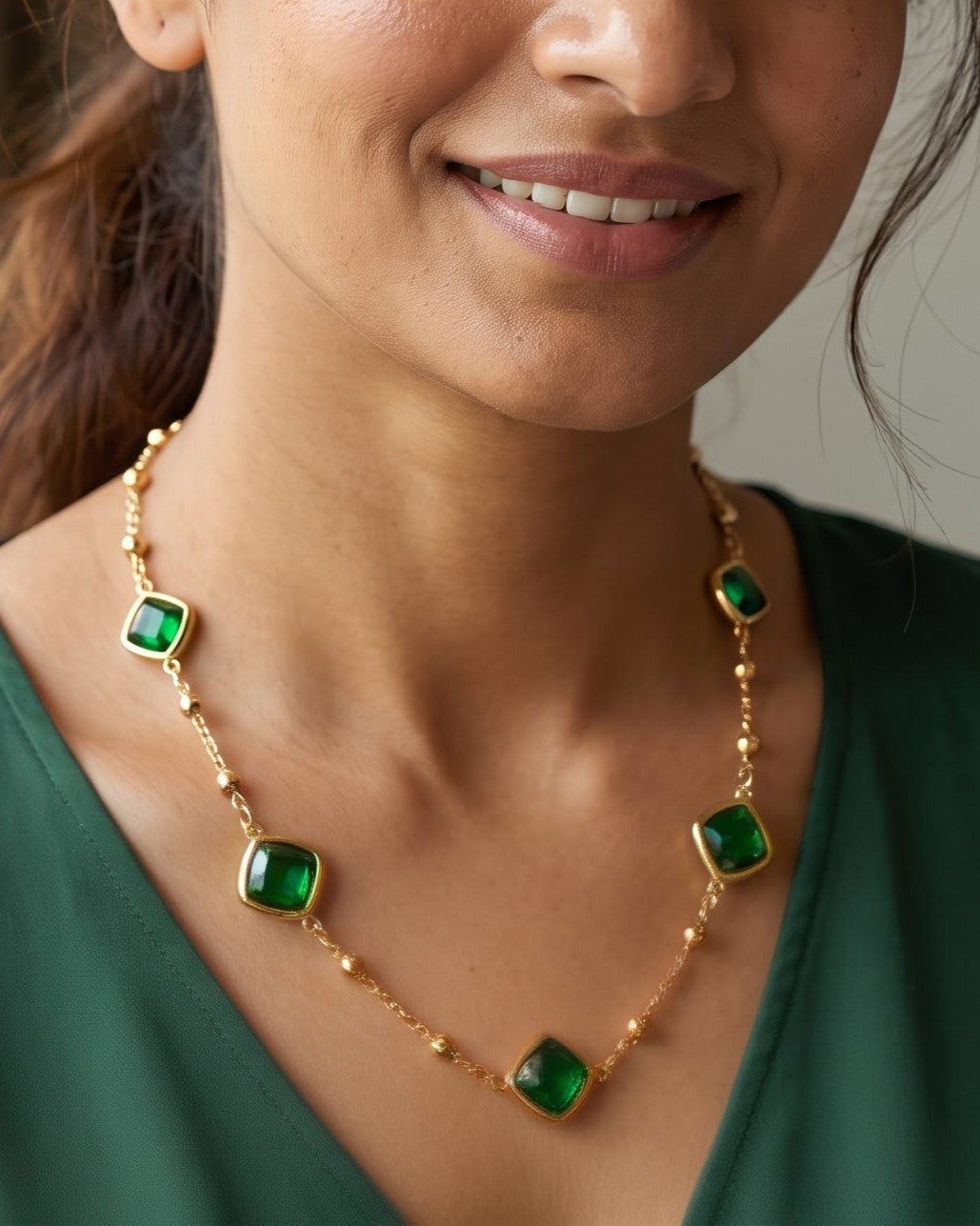 Solverre Green Stone Chain Necklace - Worn shot
