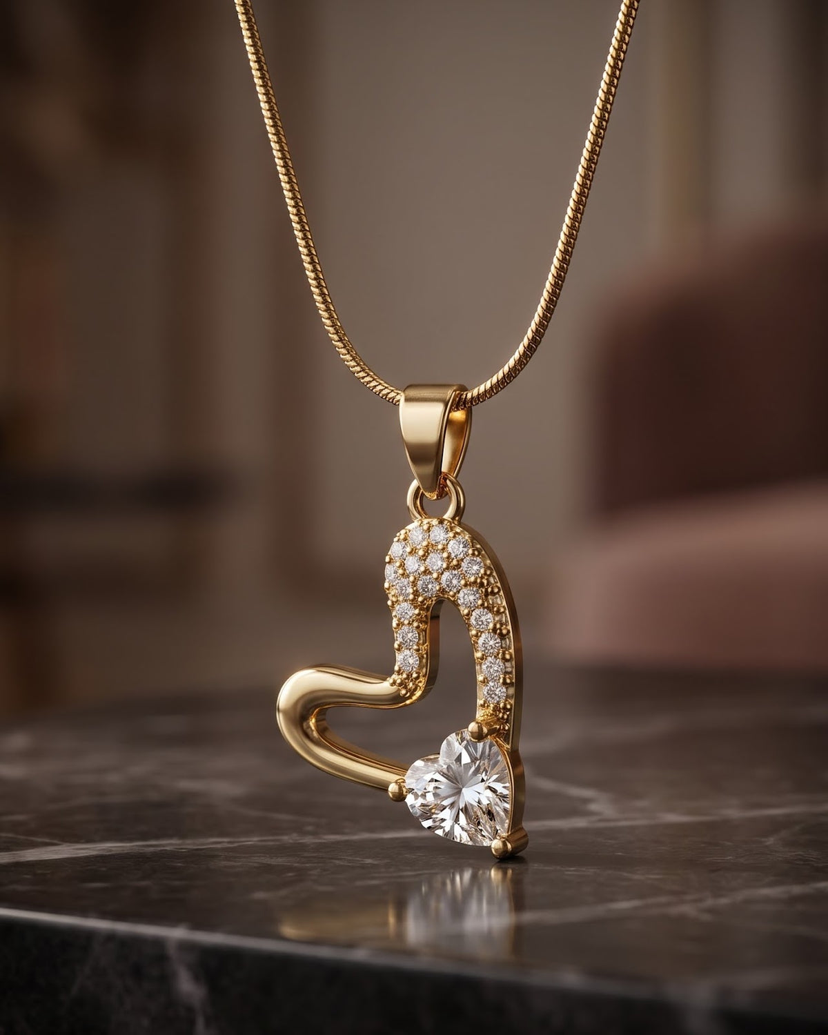 Close-up detail of the Solreen Halo Heart Pendant Necklace pavé halo and CZ solitaire