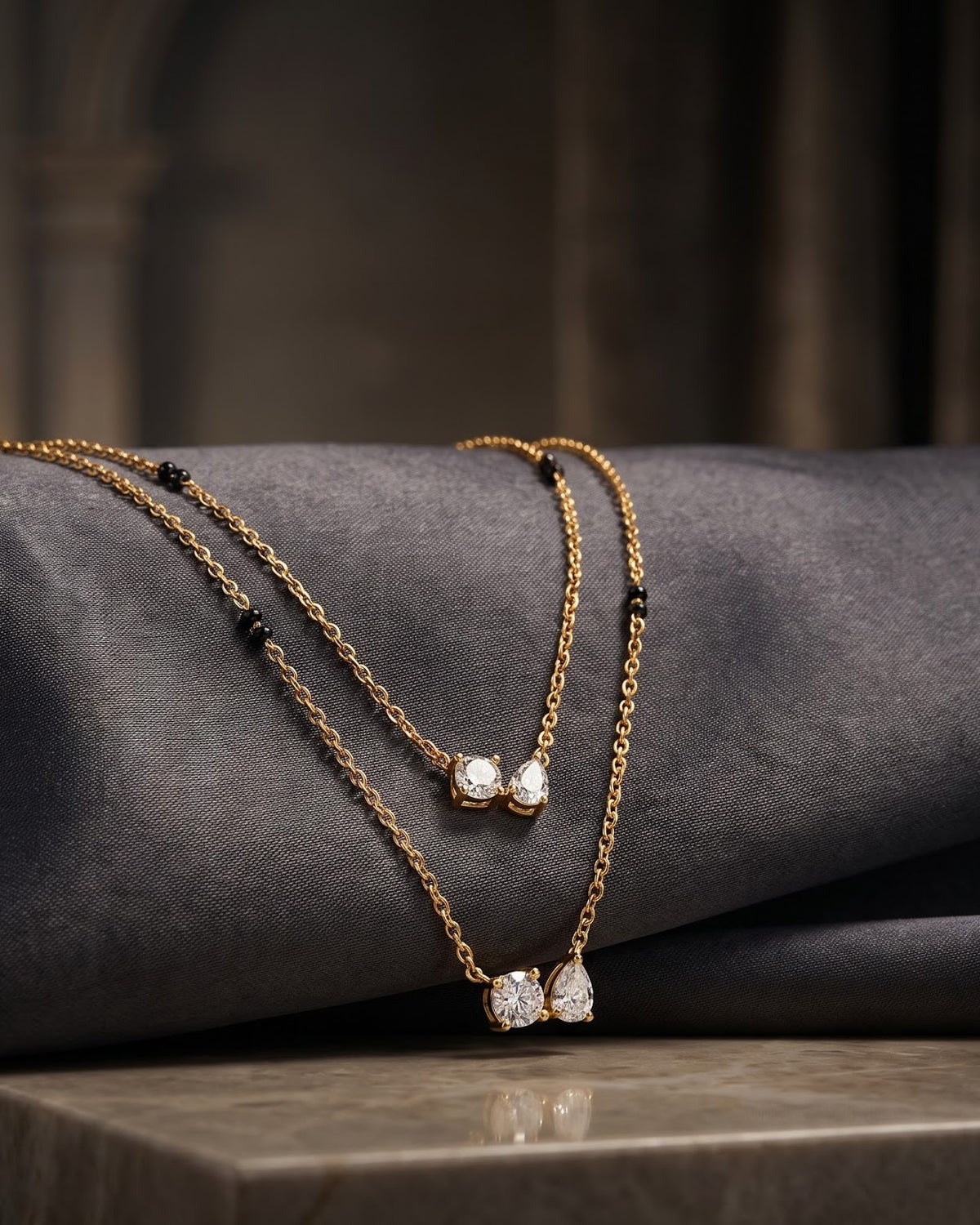 Close-up detail of the Solvyn Stone Duo Mangalsutra CZ stone duo pendant