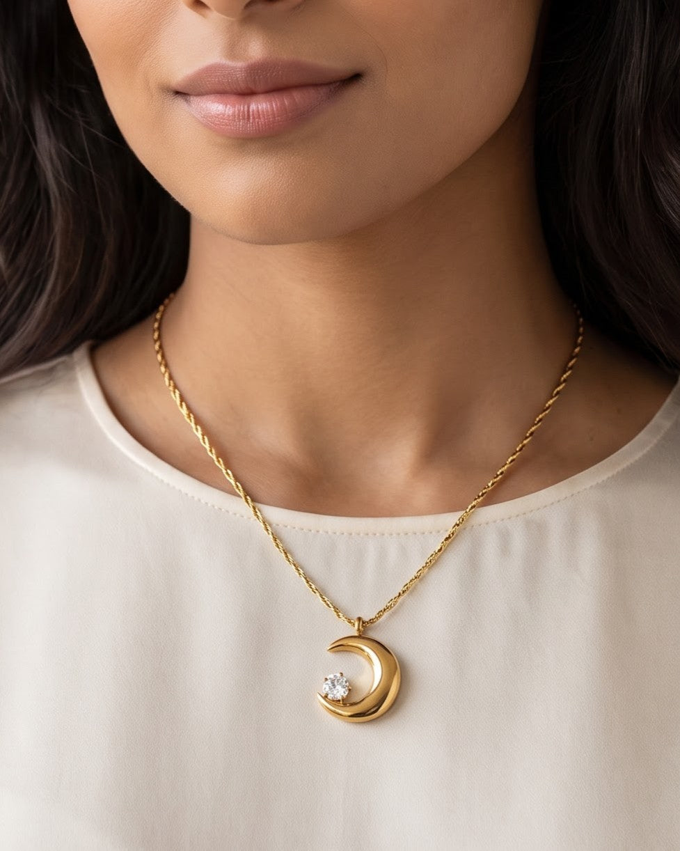 Solarei Crescent Moon Pendant Necklace - worn view