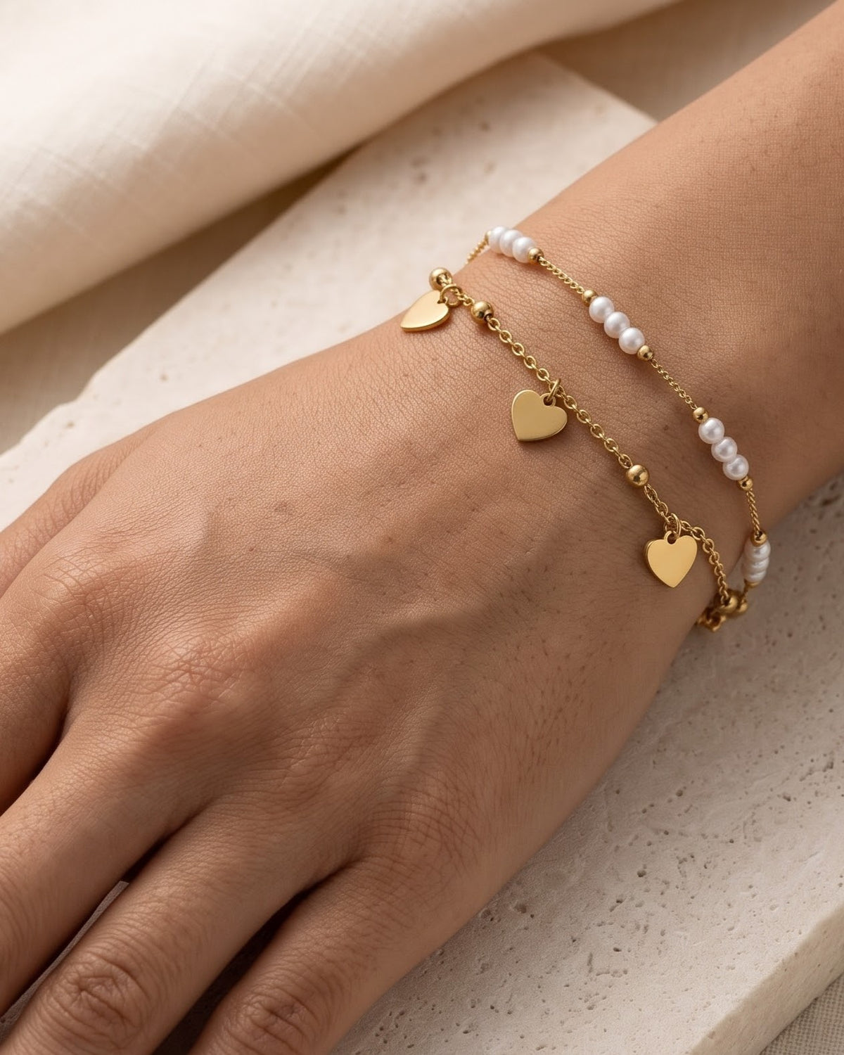 Solmaya Duo Heart Chain Bracelet — worn shot