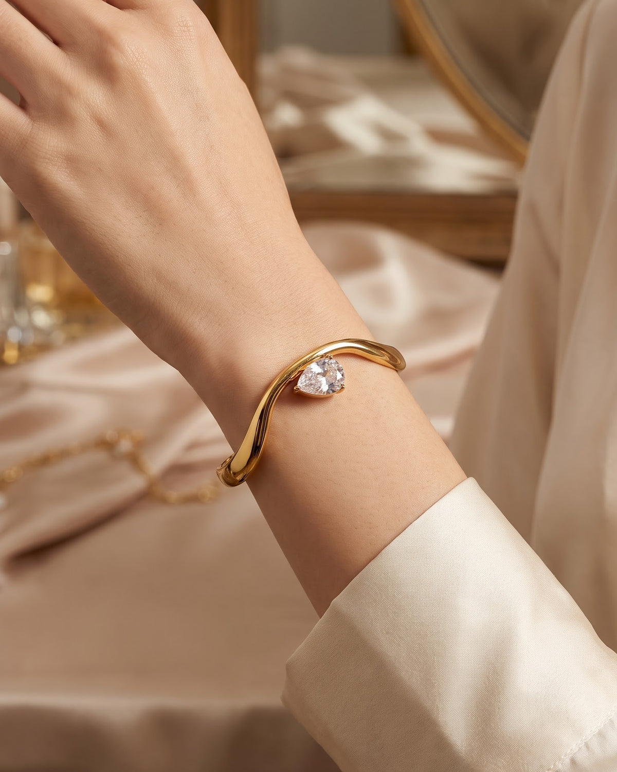 Soldara Pear Wave Cuff Bracelet - Model view