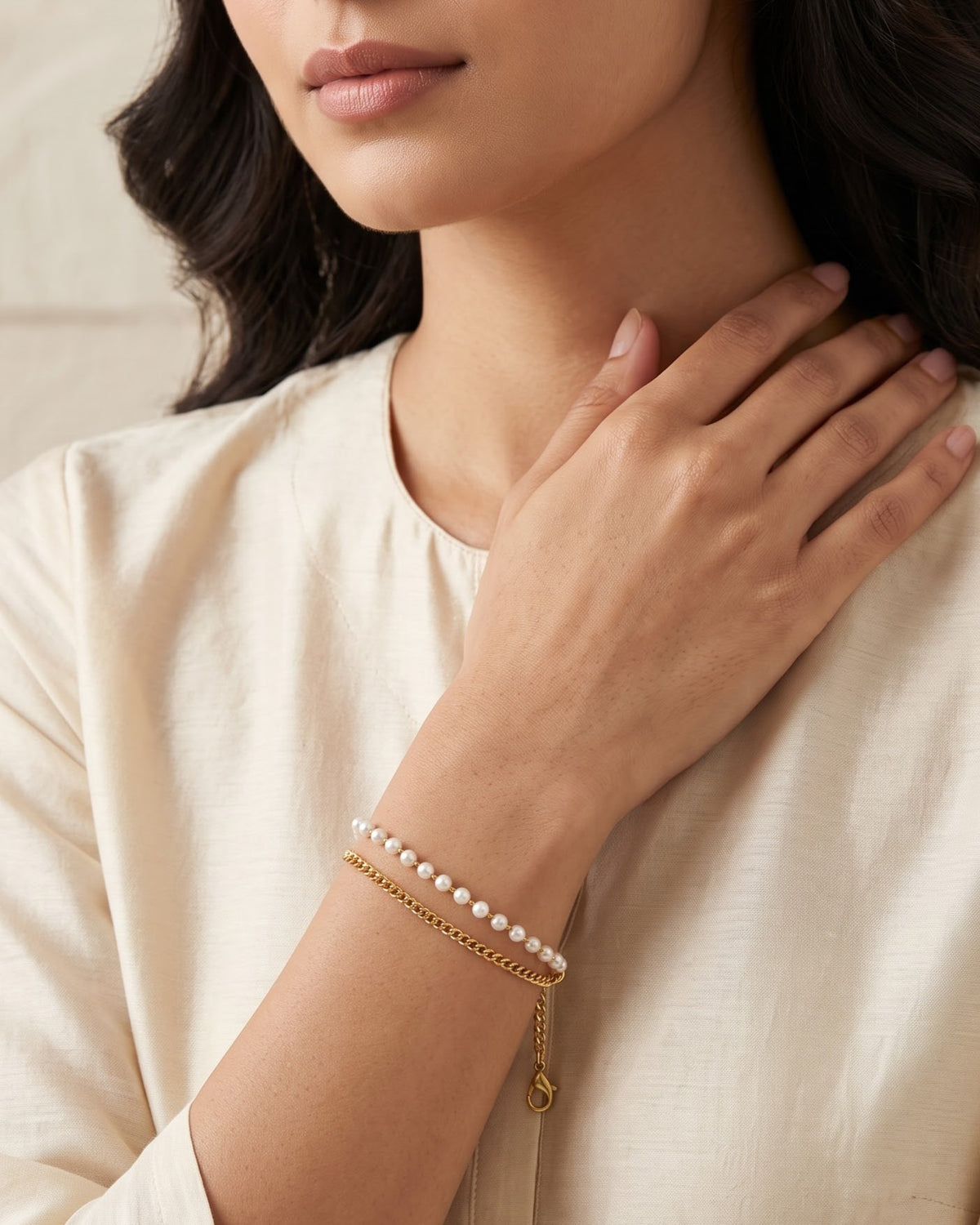 Solmora Pearl Duo Chain Bracelet - Model view
