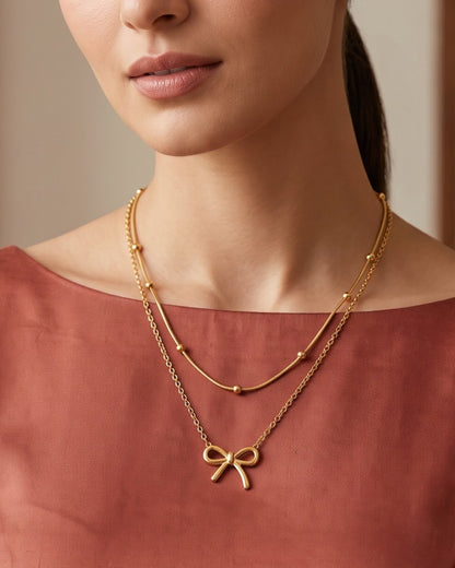 Solbeline Bow Layered Chain Necklace - Model view