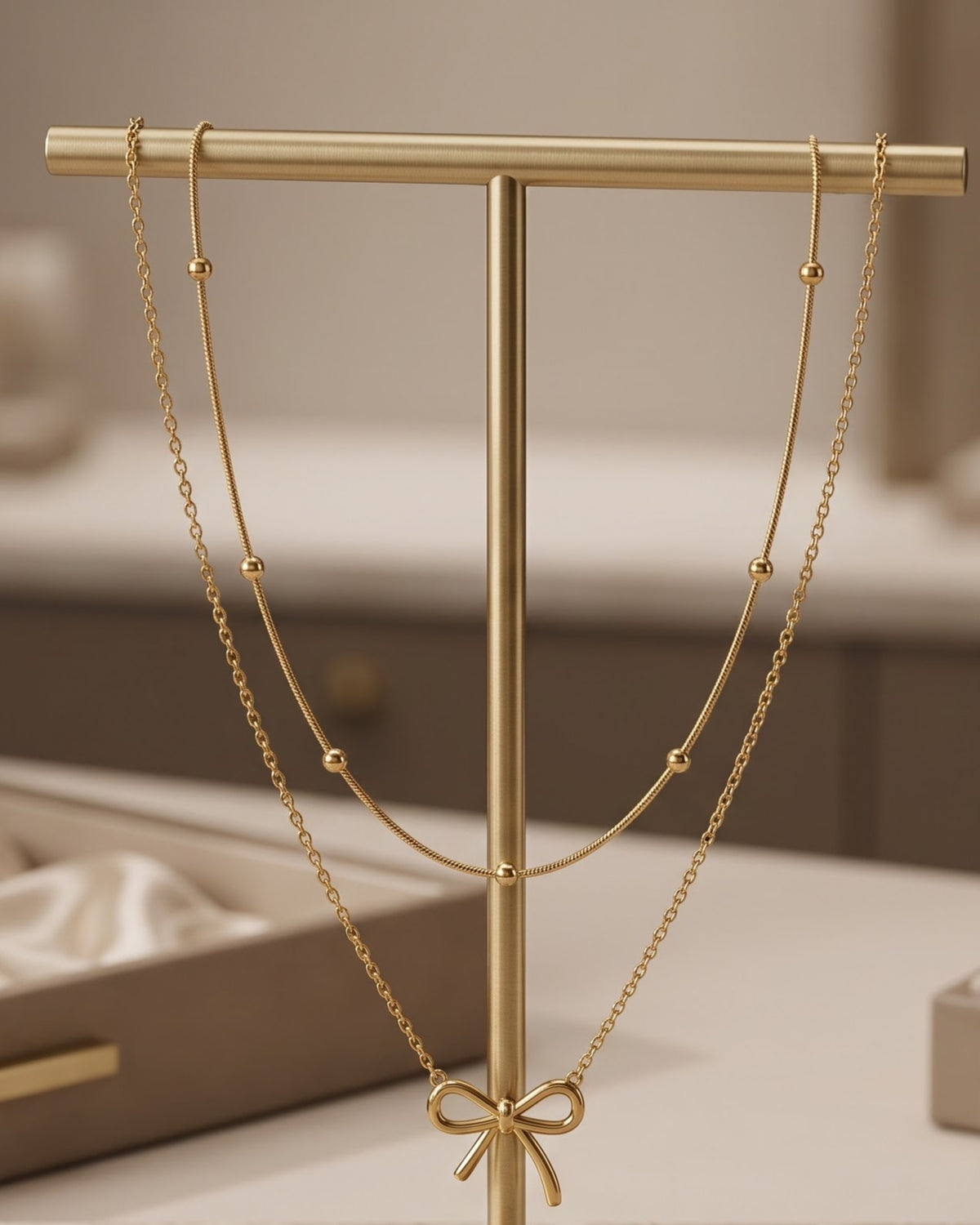 Solbeline Bow Layered Chain Necklace - Display view
