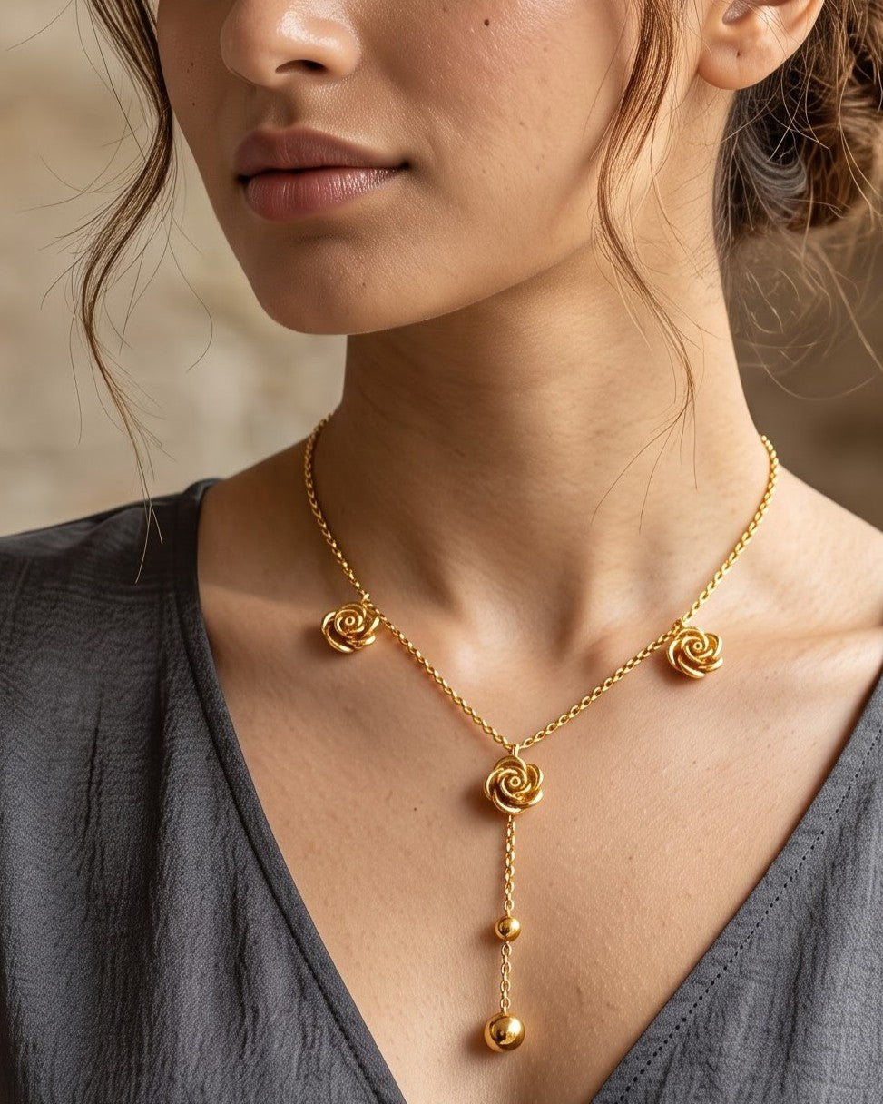 Solrene Triple Rose Lariat Necklace - Model view