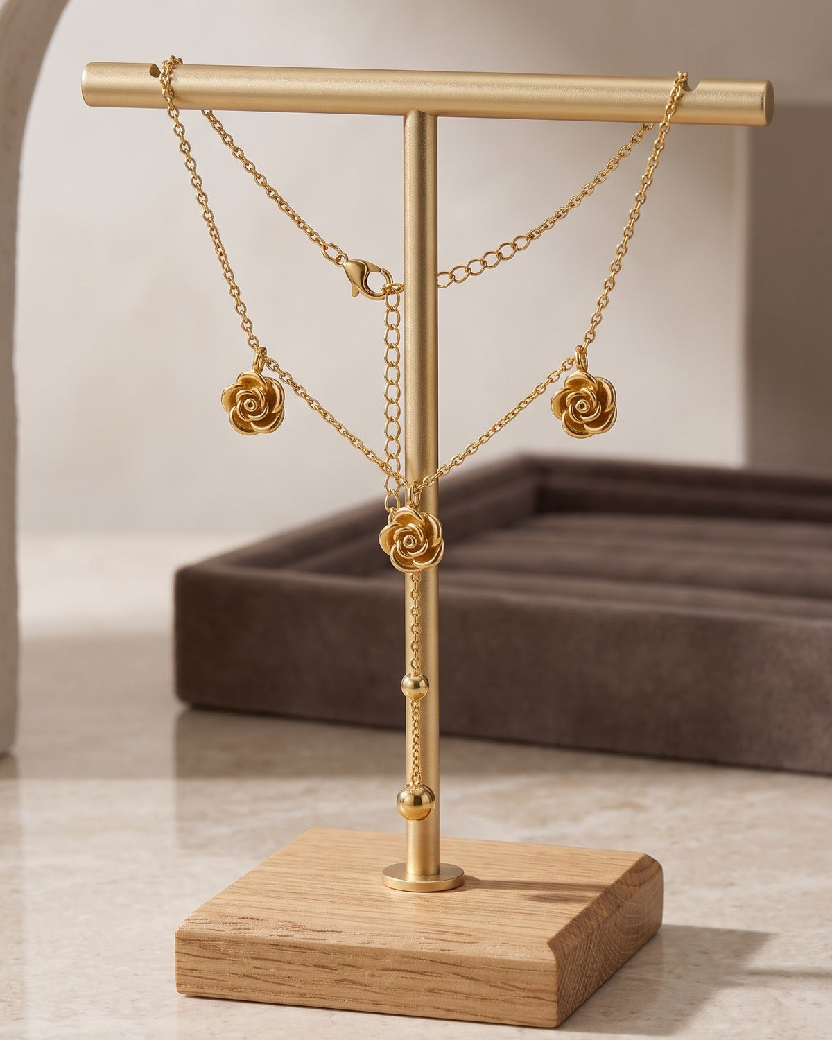 Solrene Triple Rose Lariat Necklace - Display view