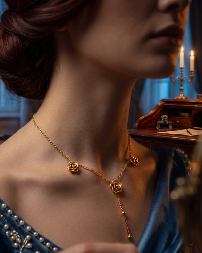 Solrene Triple Rose Lariat Necklace - Close-up view
