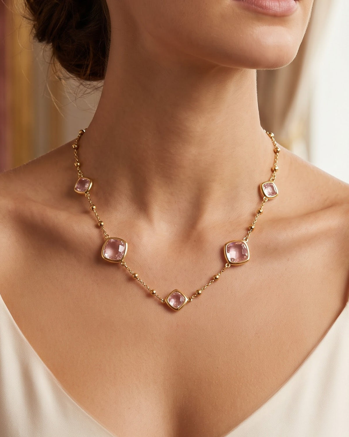 Solivia Blush Stone Chain Necklace - Model view