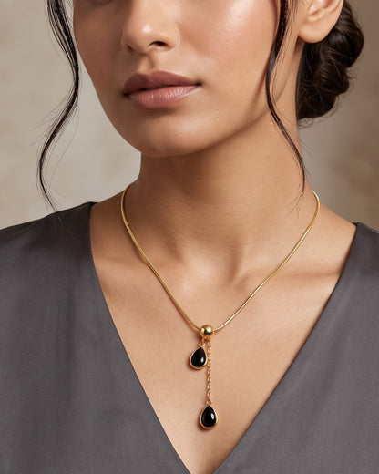 Solnira Twin Teardrop Lariat Necklace - Model view