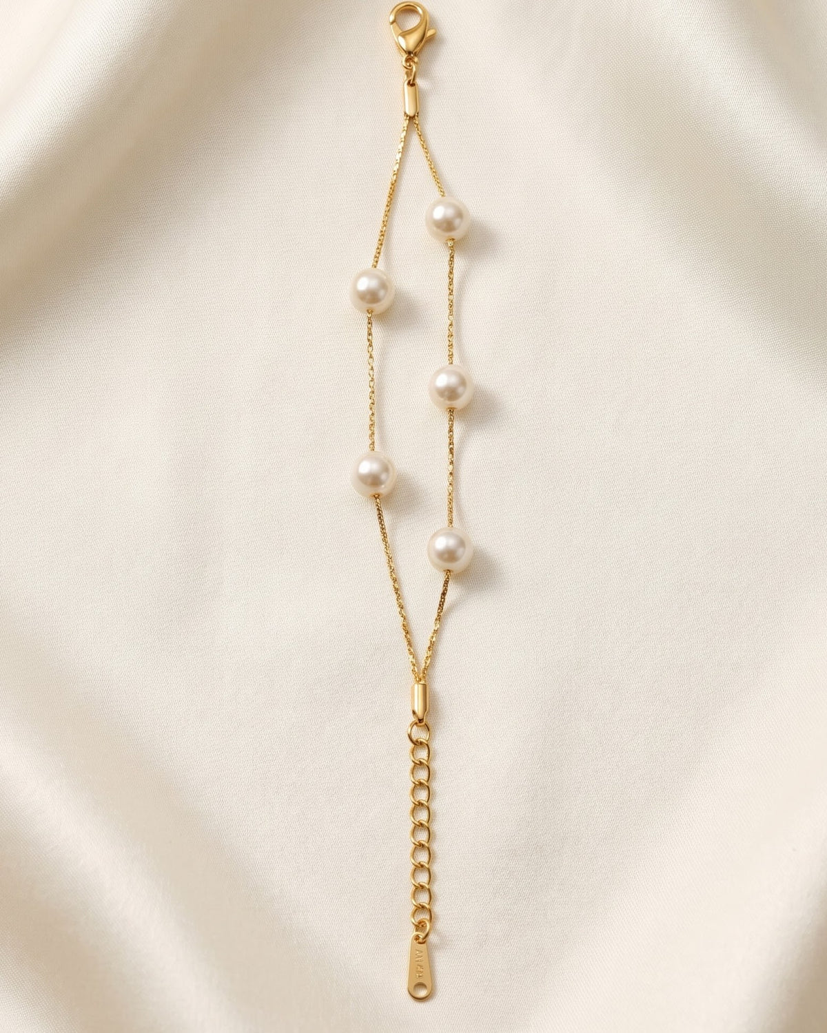 Solmeris Bead Duo Chain Bracelet - gold-tone double chain bracelet with white pearl-style beads