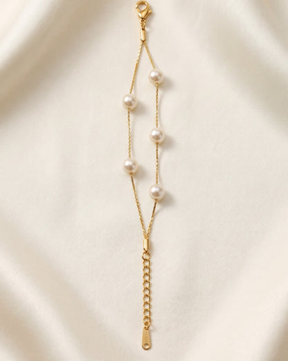 Solmeris Bead Duo Chain Bracelet - gold-tone double chain bracelet with white pearl-style beads