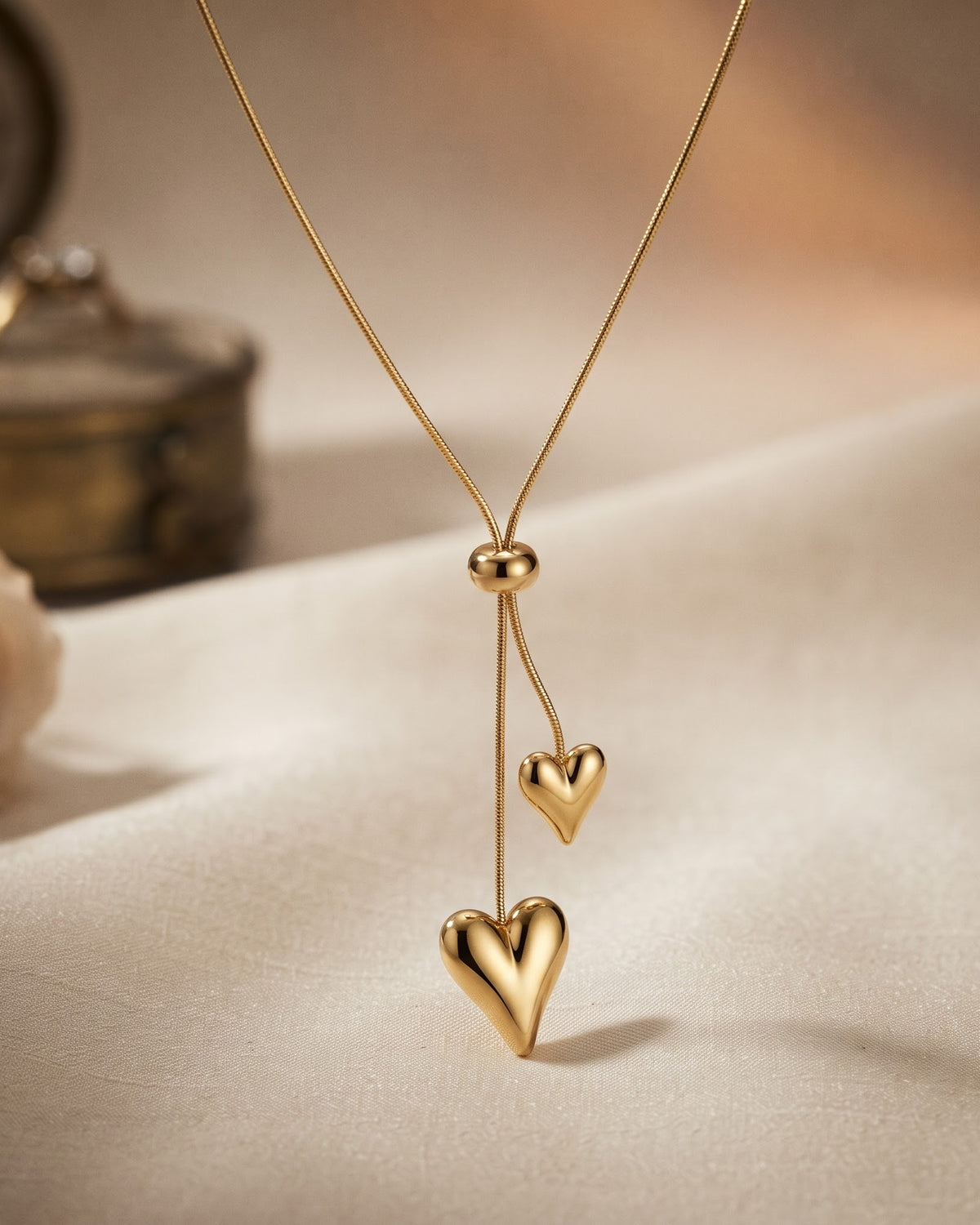 Solnelle Twin Heart Lariat Necklace - display stand view
