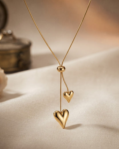 Solnelle Twin Heart Lariat Necklace - display stand view
