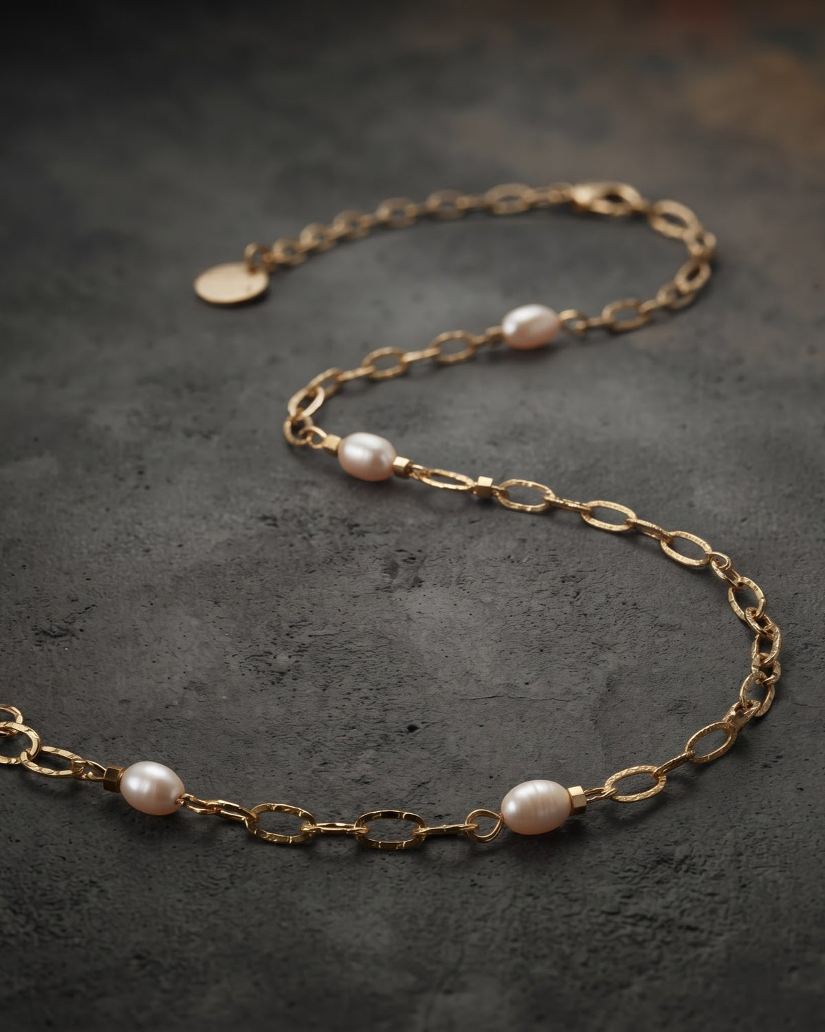 Solbella Bead Chain Anklet - gold-tone textured chain anklet with white pearl-style beads