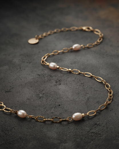 Solbella Bead Chain Anklet - gold-tone textured chain anklet with white pearl-style beads