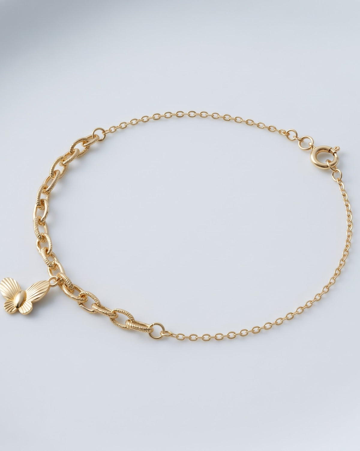 Solfaye Butterfly Charm Anklet - gold-tone charm anklet with a textured butterfly charm