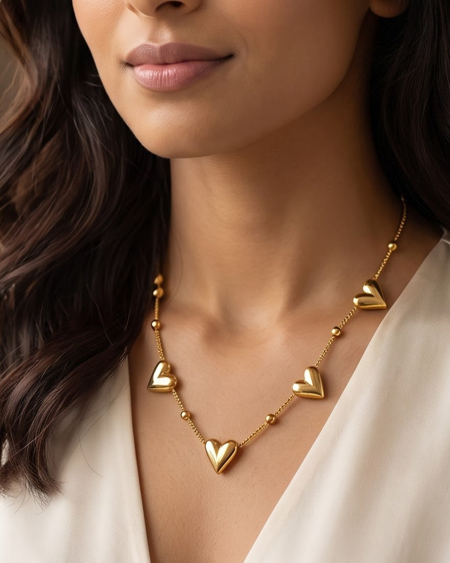 Solvenna Five Heart Chain Necklace - worn view