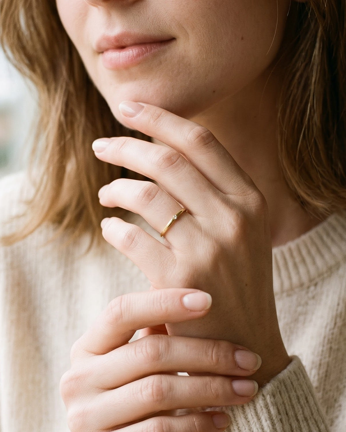 Solmira Slim Stone Band Ring - Gold Model Worn Shot
