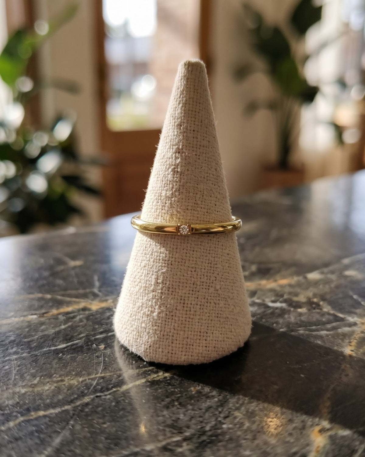 Solmira Slim Stone Band Ring - Gold Stand Display Shot