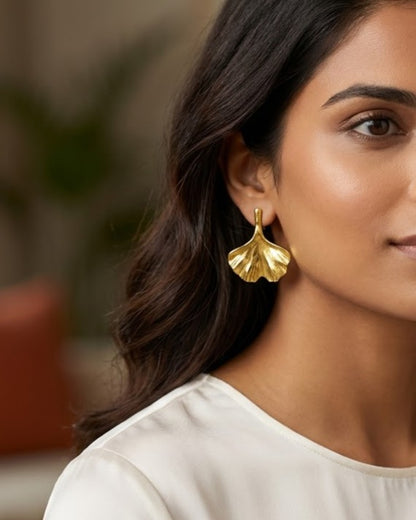 Solnaya Ginkgo Leaf Stud Earrings - Model Worn Shot