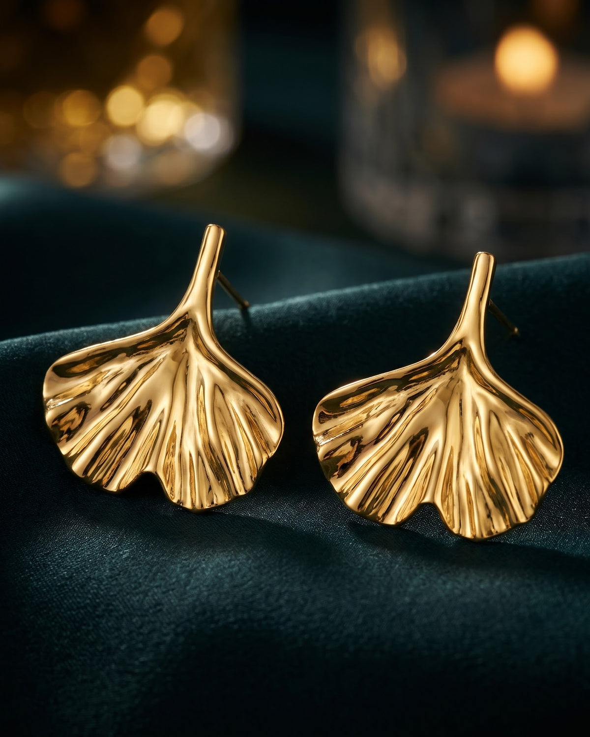 Solnaya Ginkgo Leaf Stud Earrings - Close-up Detail Shot