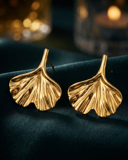Solnaya Ginkgo Leaf Stud Earrings - Close-up Detail Shot