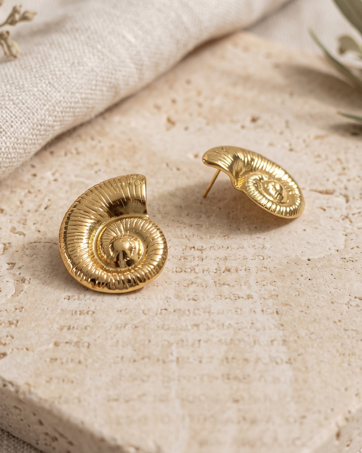 Solmare Spiral Shell Stud Earrings - Close-up Detail Shot