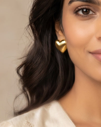 Solrovia Ribbed Heart Stud Earrings - Model Worn Shot
