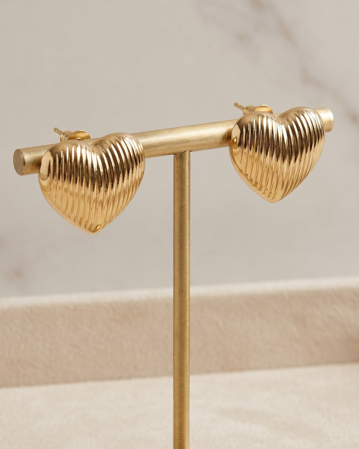 Solrovia Ribbed Heart Stud Earrings - Stand Display Shot