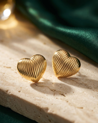 Solrovia Ribbed Heart Stud Earrings - Close-up Detail Shot