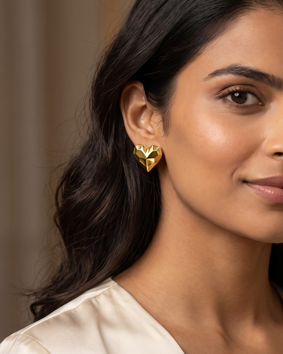 Solquine Faceted Heart Stud Earrings - Model Worn Shot