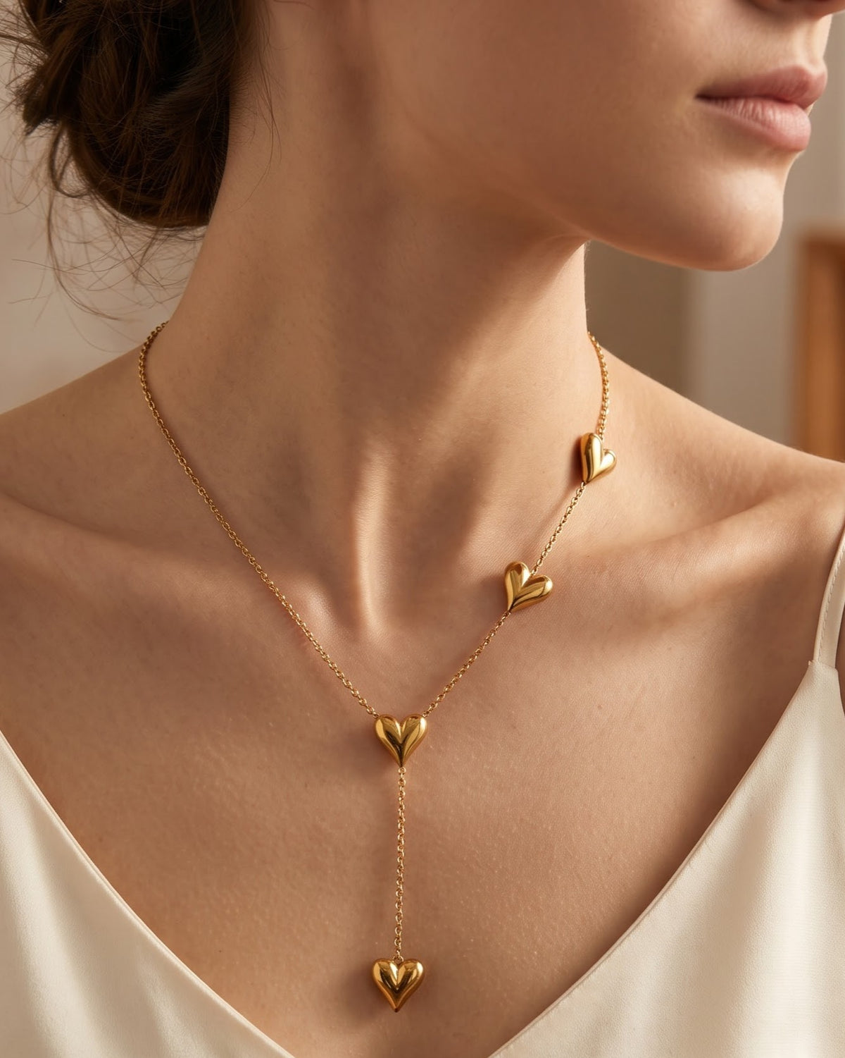 Solcara Puffed Heart Lariat Necklace - worn view