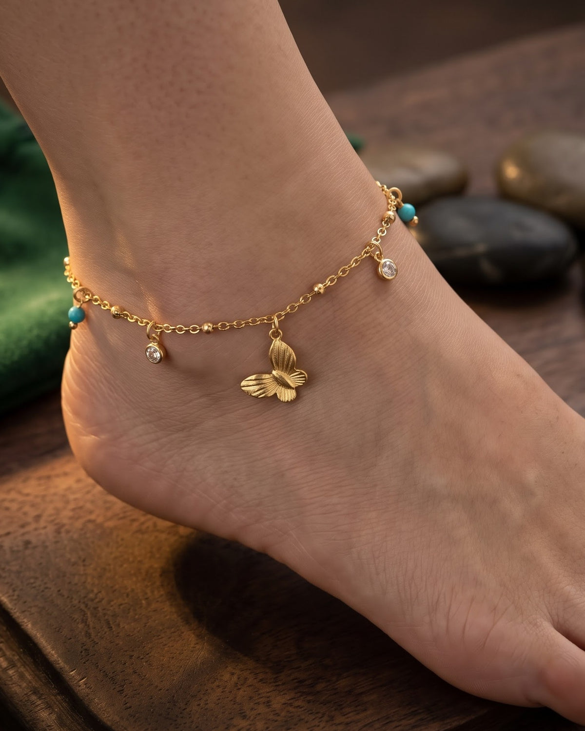 Solnyra Butterfly Charm Anklet - worn view
