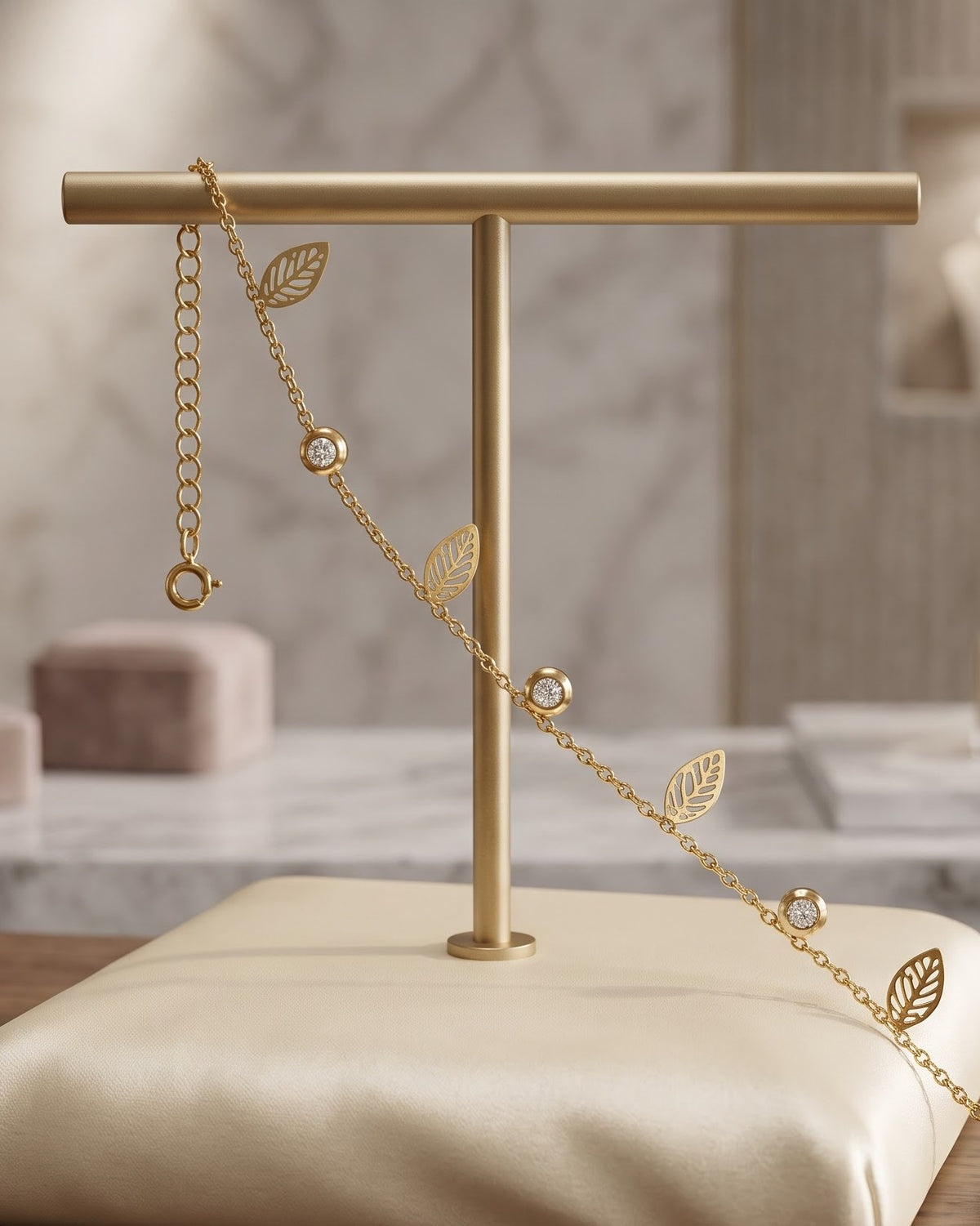 Solveil Leaf Charm Chain Bracelet - Stand Display Shot