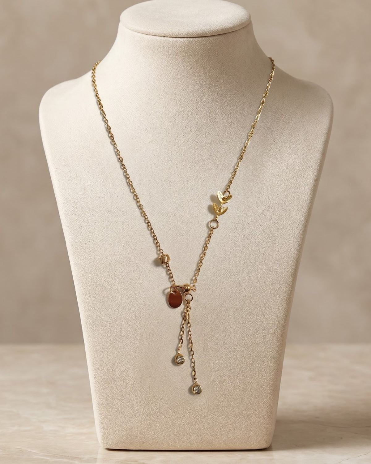 Solkona Leaf Drop Lariat Necklace – Stand/Display Shot