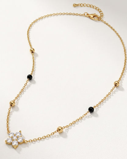 Close-up detail of the Solmira Petal Bloom Mangalsutra a five-petal round cubic zirconia flower