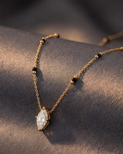 Close-up detail of the Solvena Marquise Solitaire Mangalsutra a marquise-cut cubic zirconia solitaire