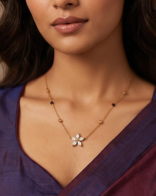 Solyssa Blossom Mangalsutra styled shot showing the full chain length