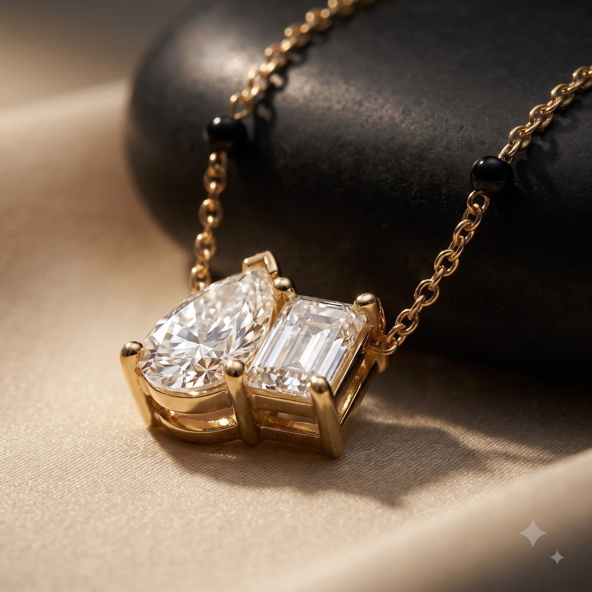 Close-up detail of the Solyna Teardrop Duo Mangalsutra a pear-cut and baguette-cut cubic zirconia duo