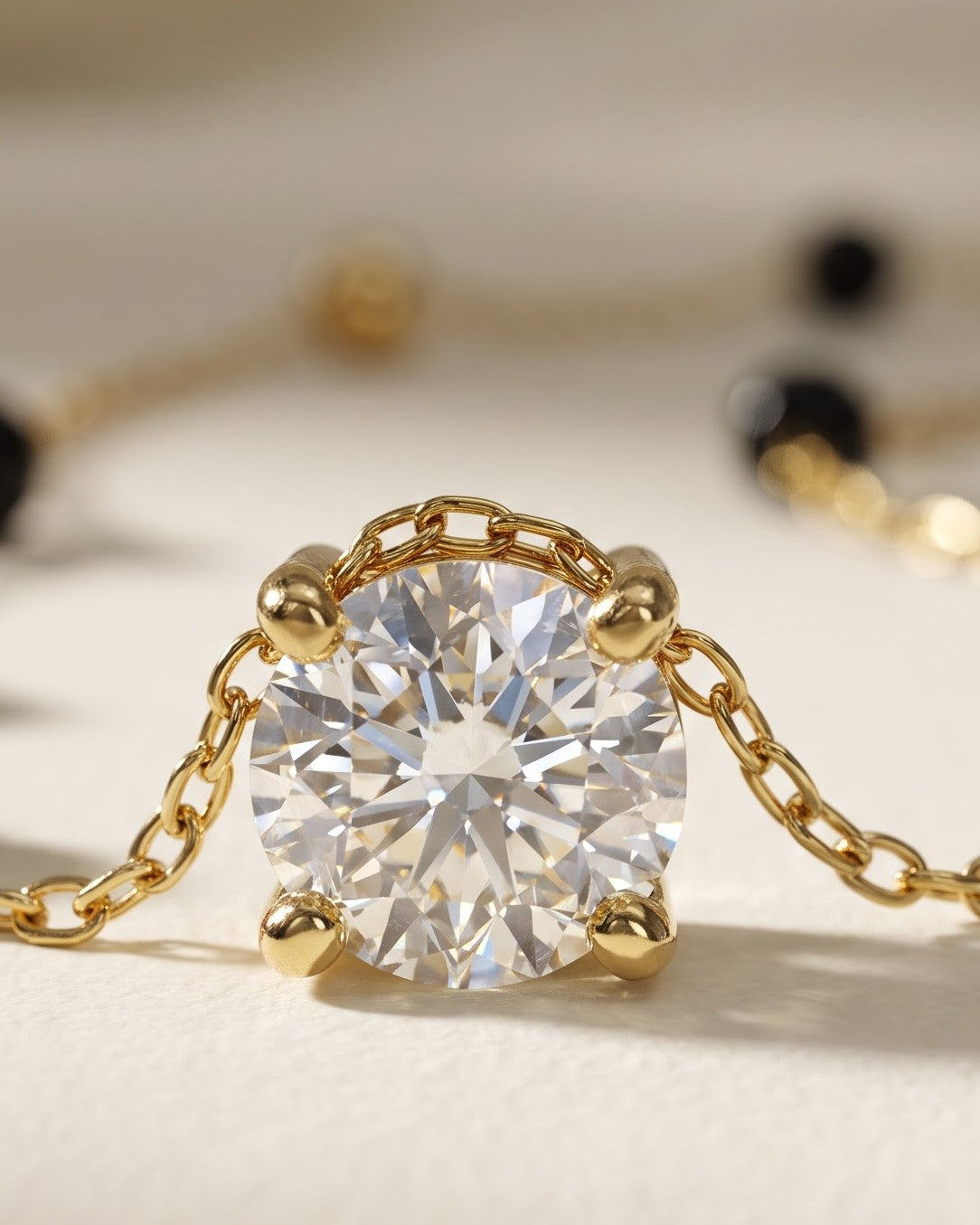 Cinematic close-up of the Solyma Round Solitaire Mangalsutra chain and a round-cut cubic zirconia solitaire