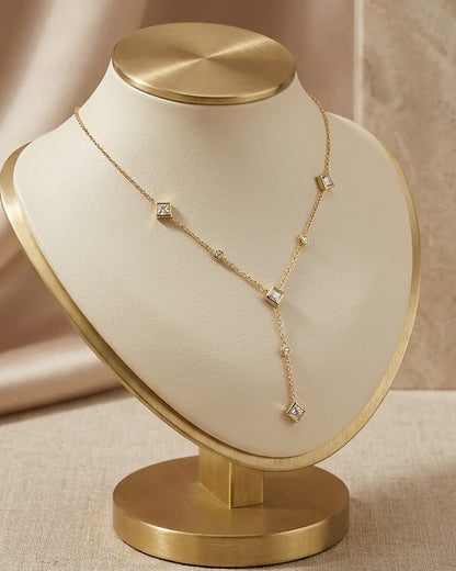 Solmera Diamond Drop Lariat Necklace — on display stand