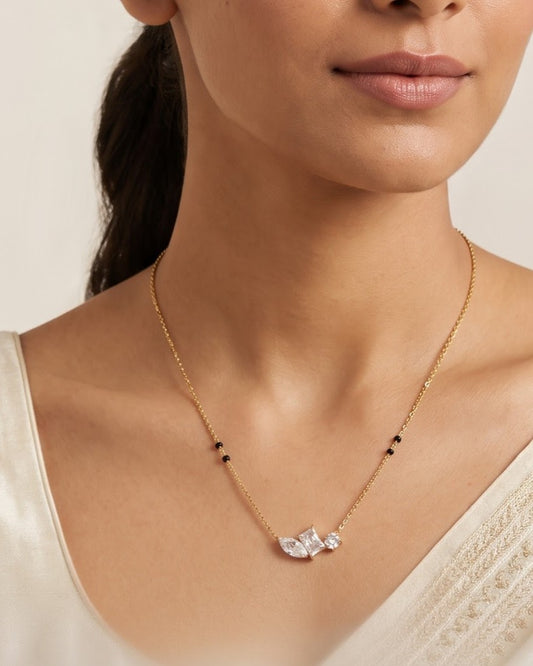 Solyra Stone Trio Mangalsutra styled shot showing the full chain length