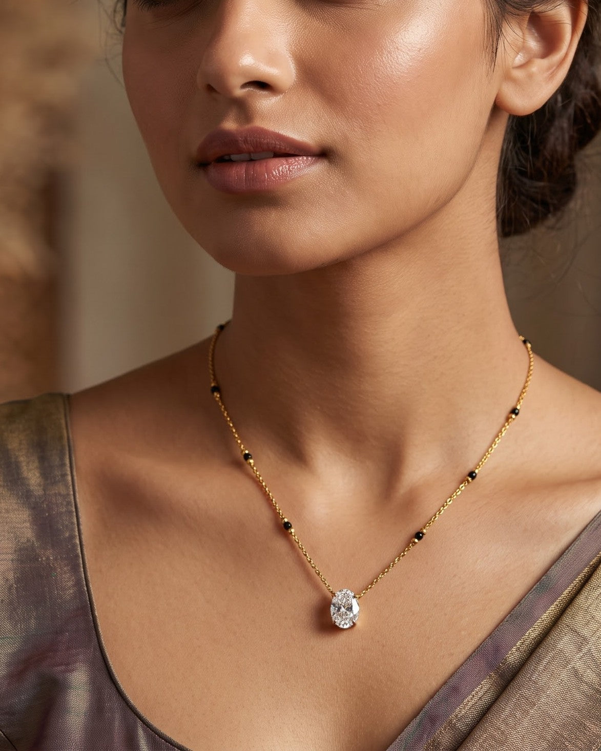 Solyne Oval Solitaire Mangalsutra styled shot showing the full chain length