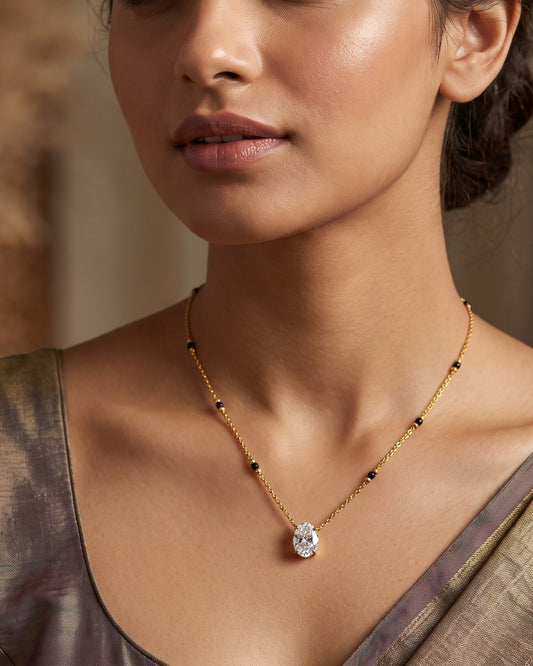 Solyne Oval Solitaire Mangalsutra styled shot showing the full chain length